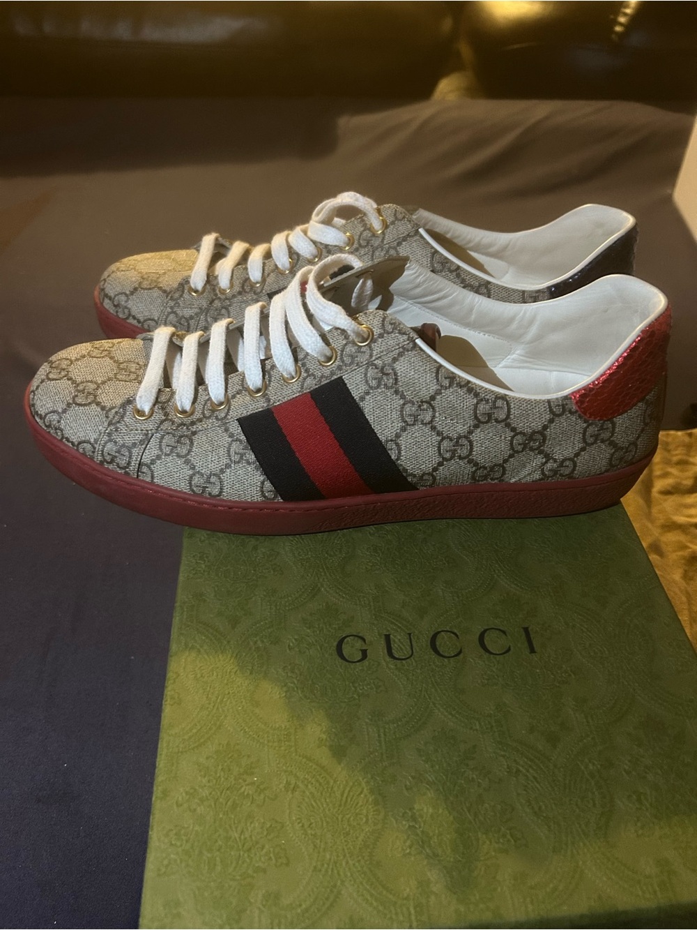 Gucci Beige GG Supreme with Red & Navy Web Stripe Low-Top Sneakers